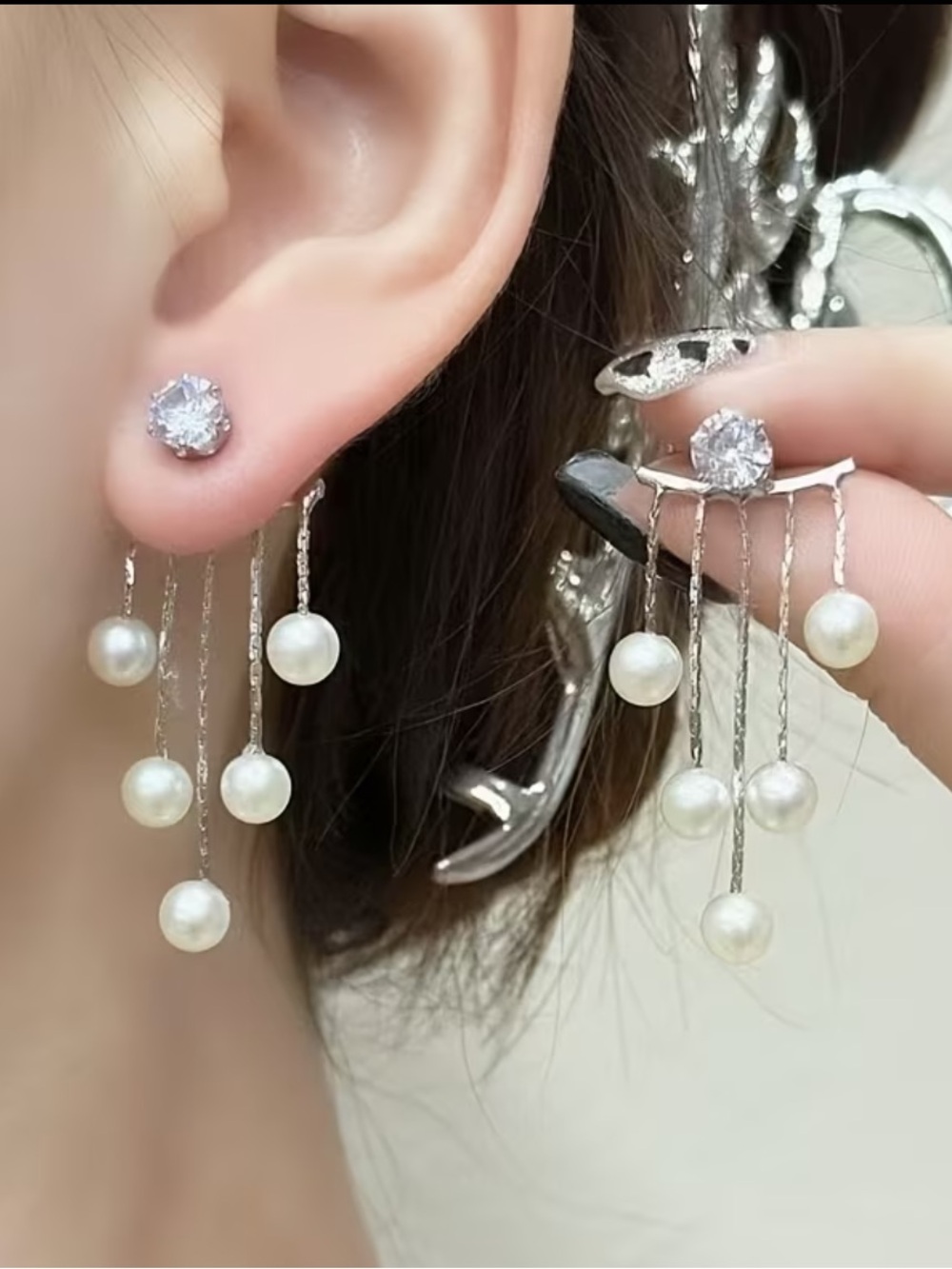 Silver Pearl Drop Earrings with Clear Crystal Studs